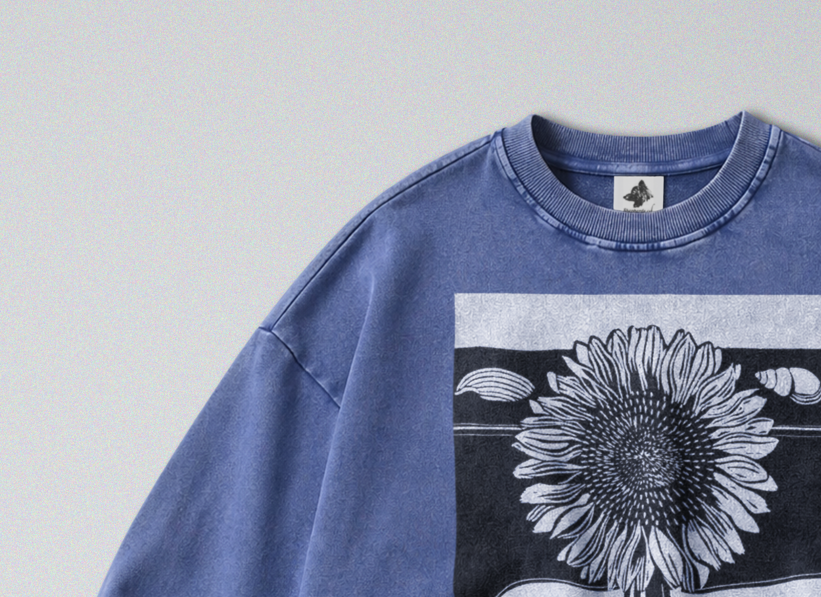 Oversized Snow Washed Cotton Sweatshirt - Black & White Sunflower Print