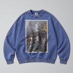 Oversized Snow Washed Cotton Sweatshirt - Rural Japanese Cabin Print