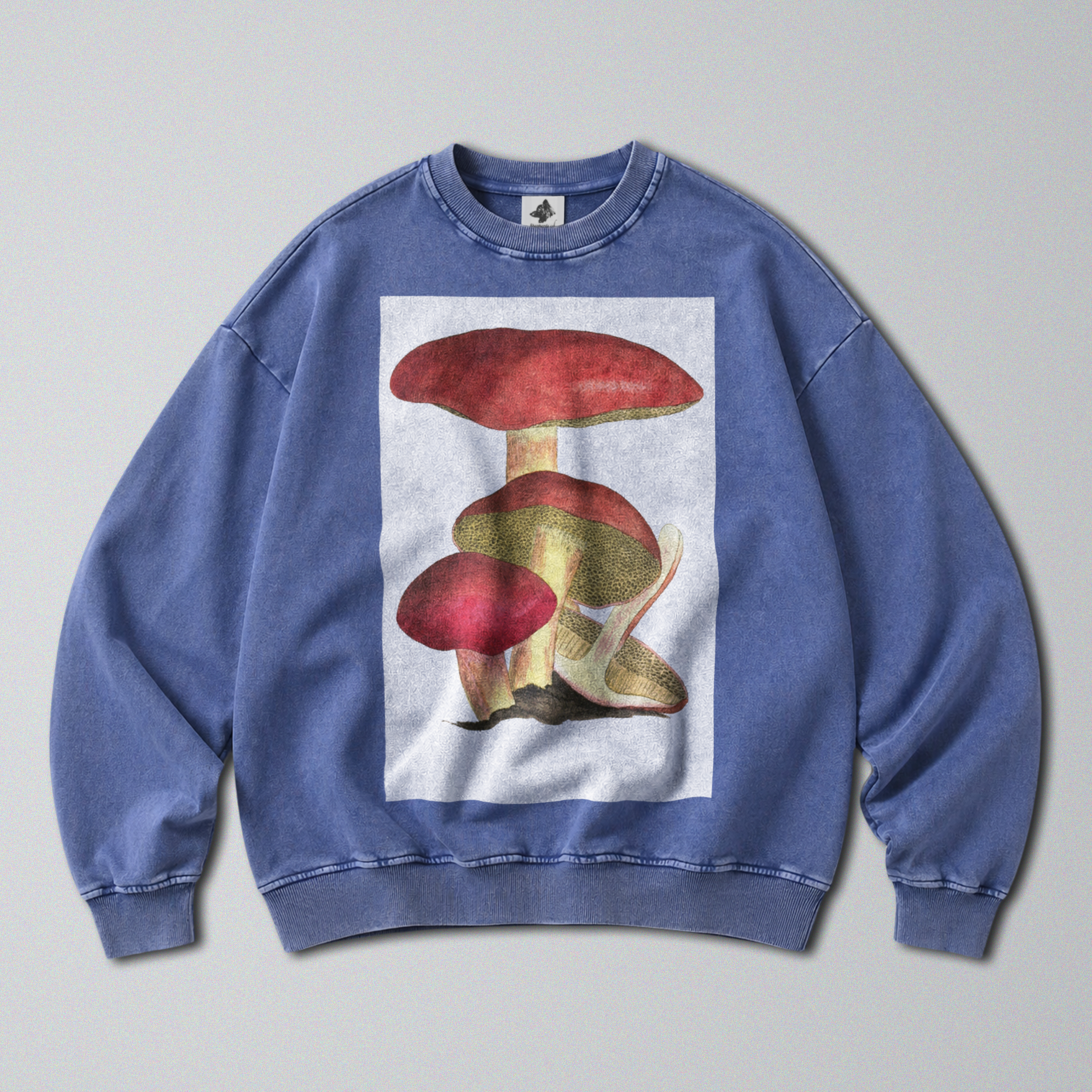 Oversized Snow Washed Cotton Sweatshirt - Cottagecore Mushrooms Print