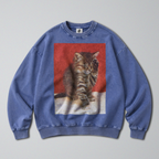 Oversized Snow Washed Cotton Sweatshirt - Cute Sleepy Kitten Print