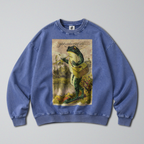 Oversized Snow Washed Cotton Sweatshirt - Frog Going Fishing Print