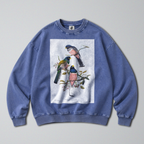 Oversized Snow Washed Cotton Sweatshirt - Colorful Perching Birds Print