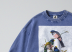 Oversized Snow Washed Cotton Sweatshirt - Colorful Perching Birds Print