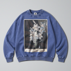 Oversized Snow Washed Cotton Sweatshirt - White Lily Flower Print