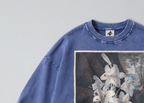 Oversized Snow Washed Cotton Sweatshirt - White Lily Flower Print