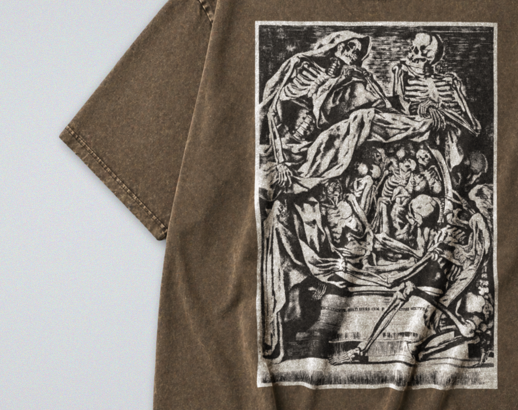 Oversized Snow Washed Cotton Tee - 17th Century Skeleton Anatomy Art