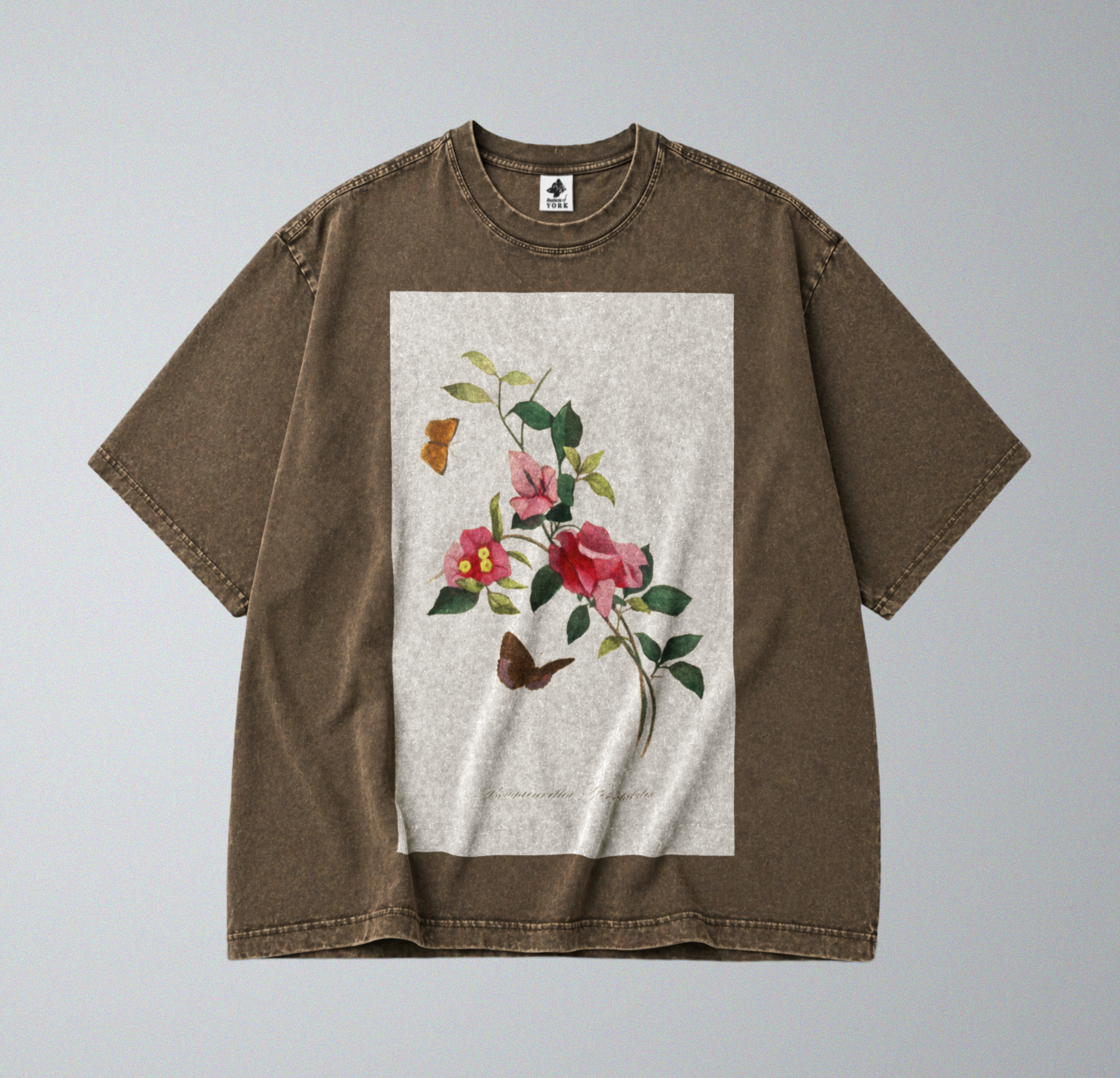 Oversized Snow Washed Cotton Tee - Vibrant Flower Stem Print