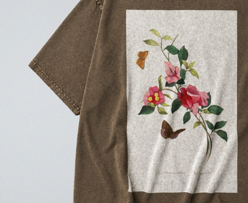 Oversized Snow Washed Cotton Tee - Vibrant Flower Stem Print
