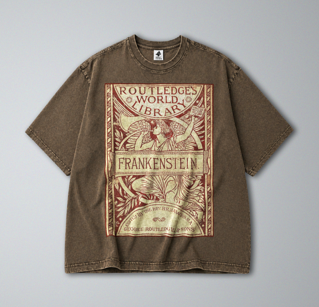 Oversized Snow Washed Cotton Tee - Frankenstein Book Cover Print