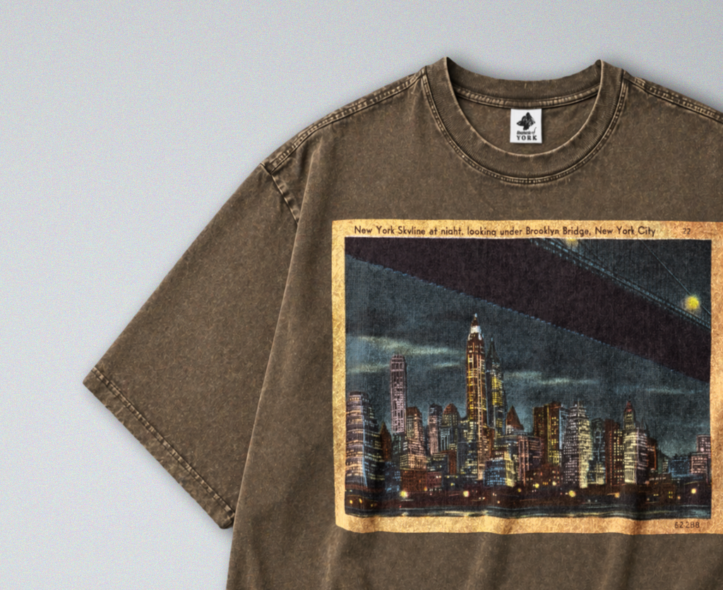 Oversized Snow Washed Cotton Tee - New York City Skyline at Night