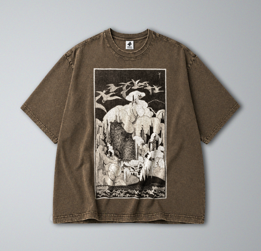 Oversized Snow Washed Cotton Tee - Black & White Owls in Snow Print