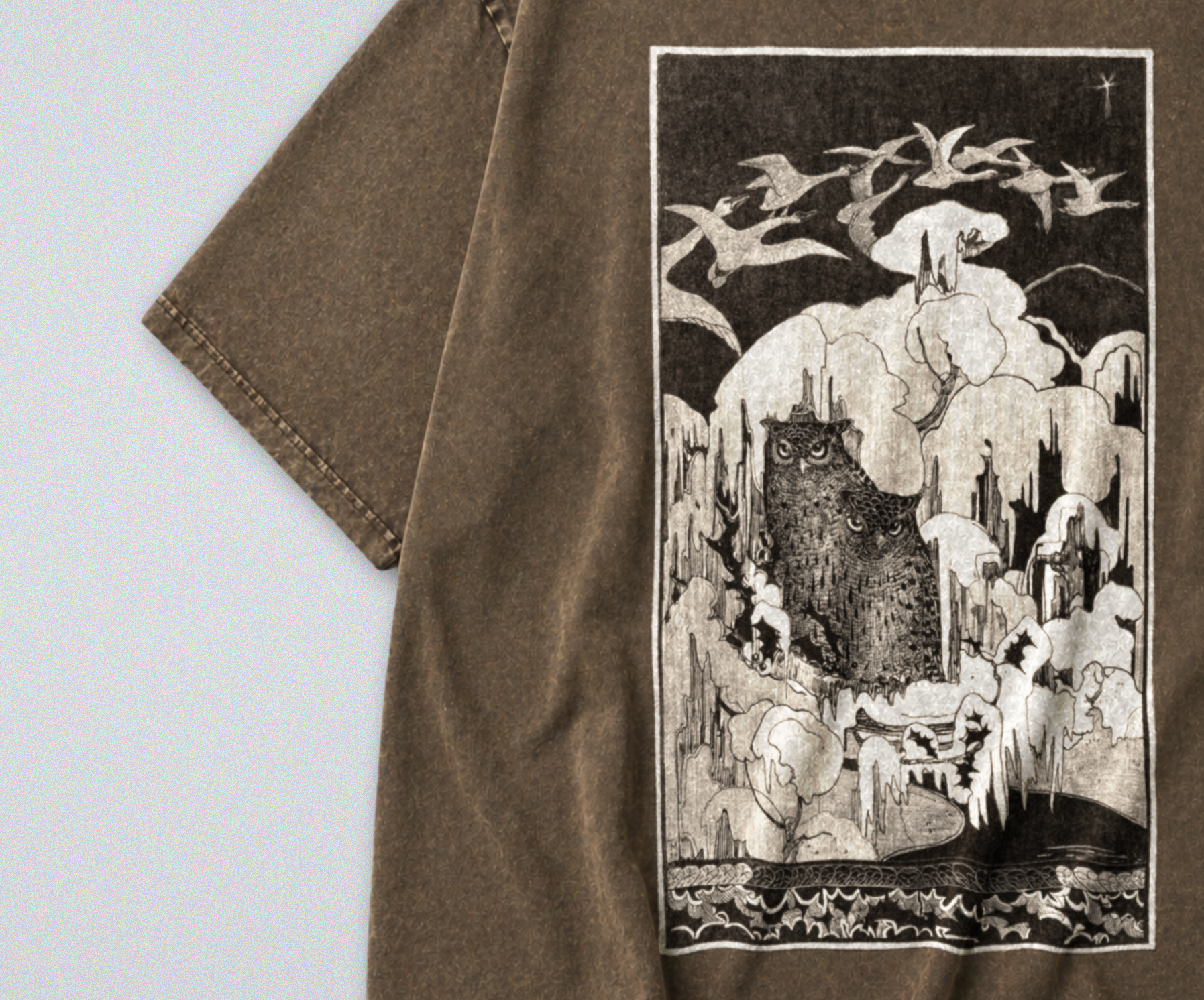 Oversized Snow Washed Cotton Tee - Black & White Owls in Snow Print