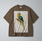 Oversized Snow Washed Cotton Tee - Blue & Yellow Parrot Print