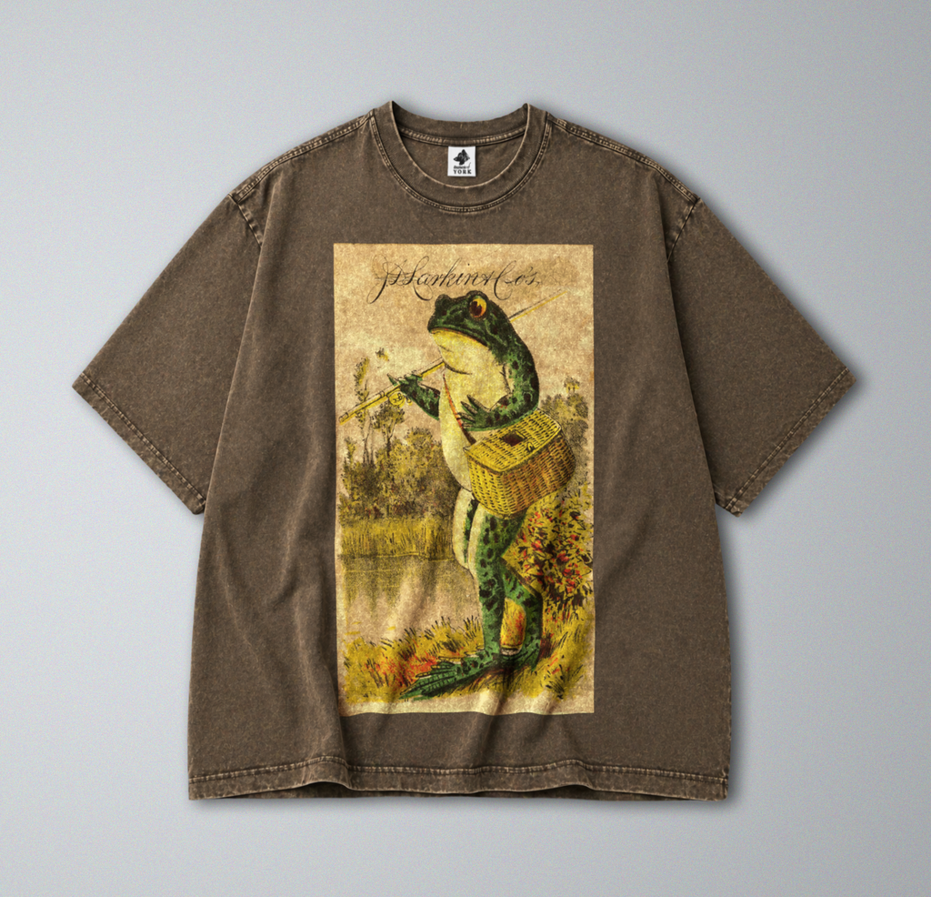Oversized Snow Washed Cotton Tee - Frog Going Fishing Print
