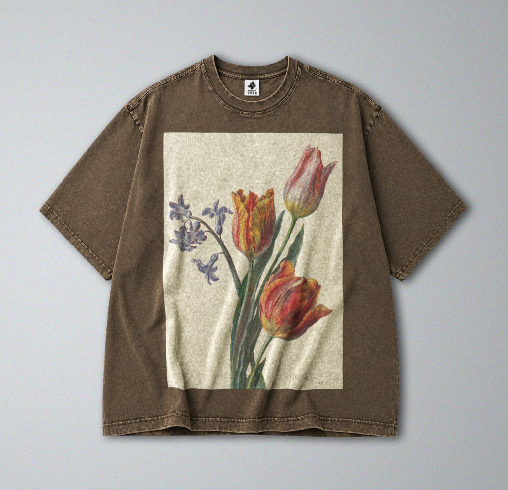 Oversized Snow Washed Cotton Tee - Tulips Flower Print