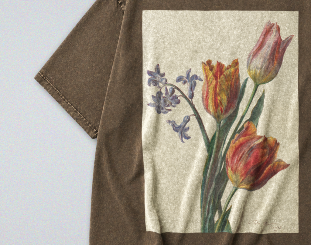Oversized Snow Washed Cotton Tee - Tulips Flower Print