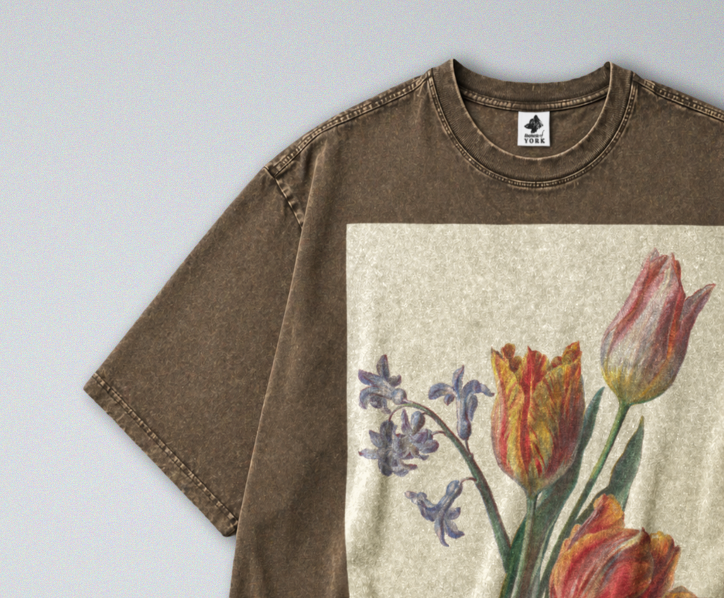 Oversized Snow Washed Cotton Tee - Tulips Flower Print