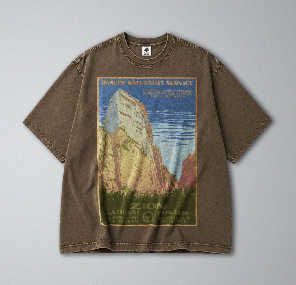 Oversized Snow Washed Cotton Tee - Zion National Park Print