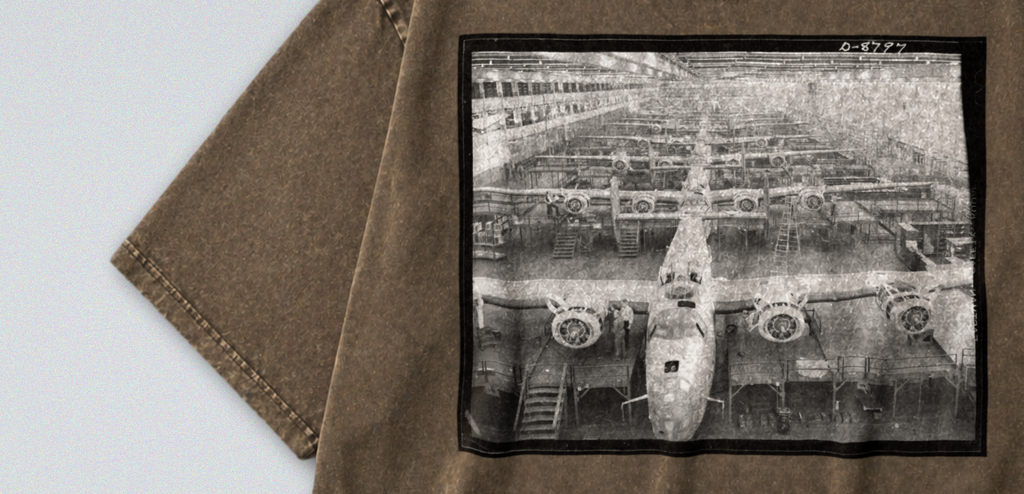 Oversized Snow Washed Cotton Tee - B24 Liberator Bombers Photo Print