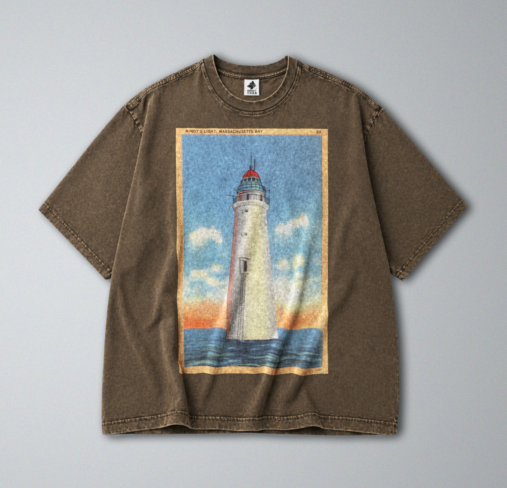 Oversized Snow Washed Cotton Tee - Lighthouse at Sea Print
