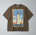 Oversized Snow Washed Cotton Tee - Lighthouse at Sea Print