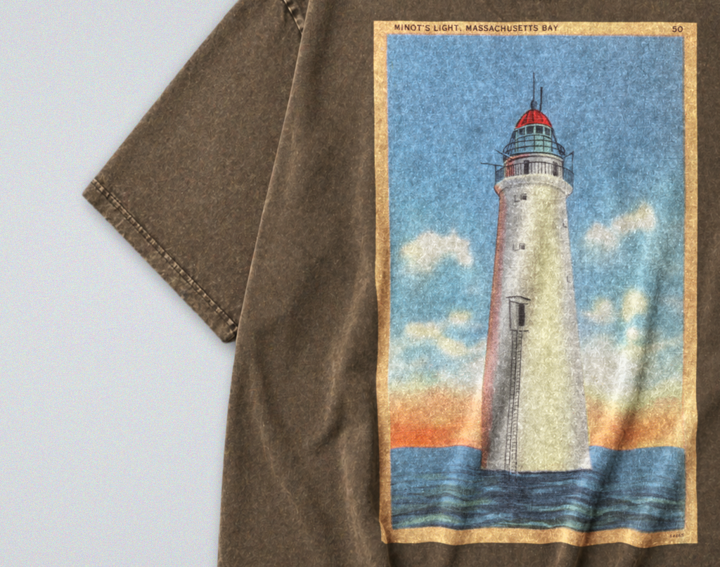 Oversized Snow Washed Cotton Tee - Lighthouse at Sea Print