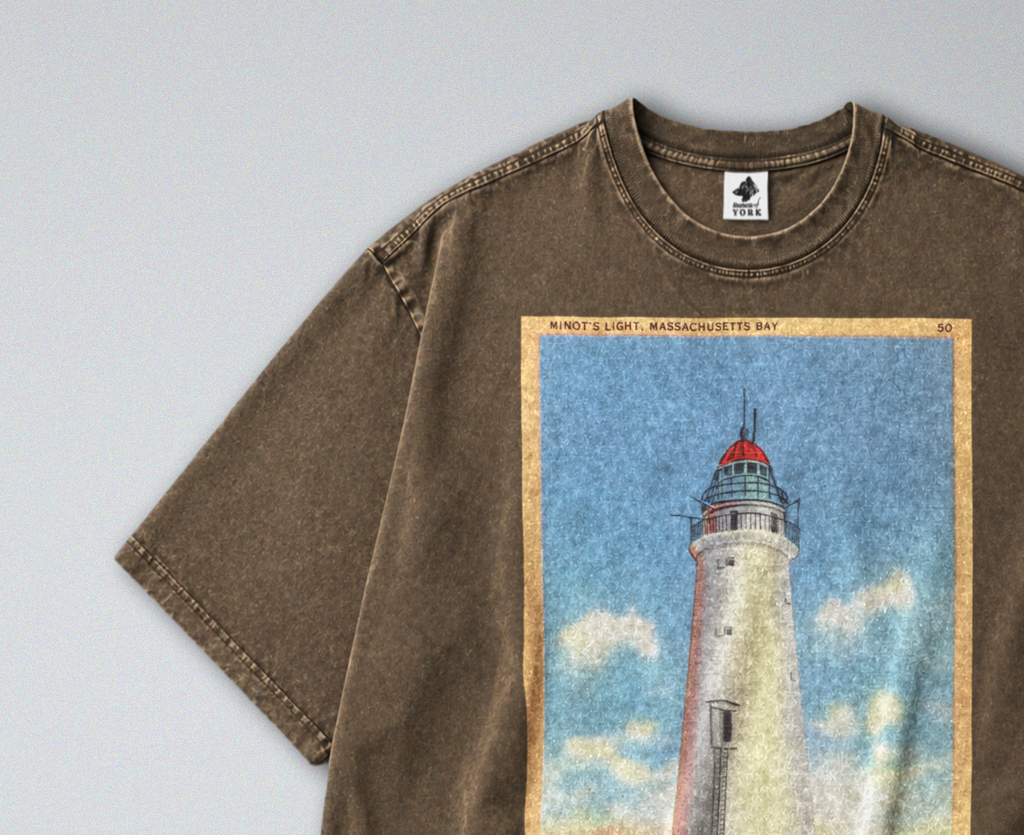 Oversized Snow Washed Cotton Tee - Lighthouse at Sea Print