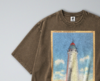 Oversized Snow Washed Cotton Tee - Lighthouse at Sea Print