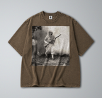 Oversized Snow Washed Cotton Tee - WW2 Soldier in Gasmask Print