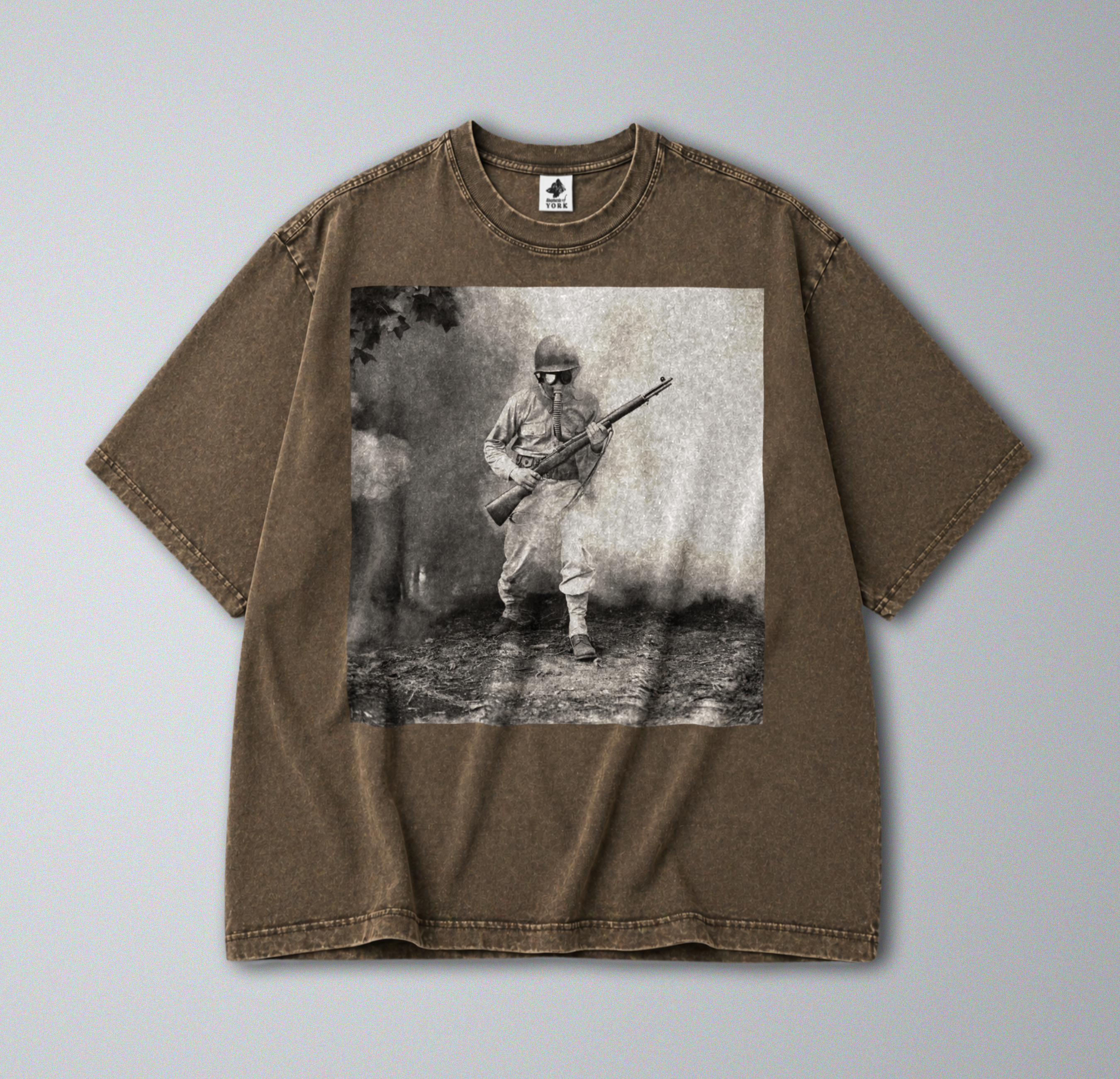 Oversized Snow Washed Cotton Tee - WW2 Soldier in Gasmask Print