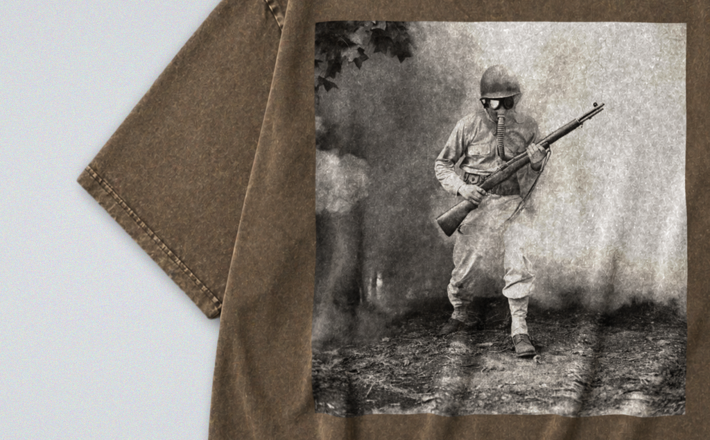 Oversized Snow Washed Cotton Tee - WW2 Soldier in Gasmask Print