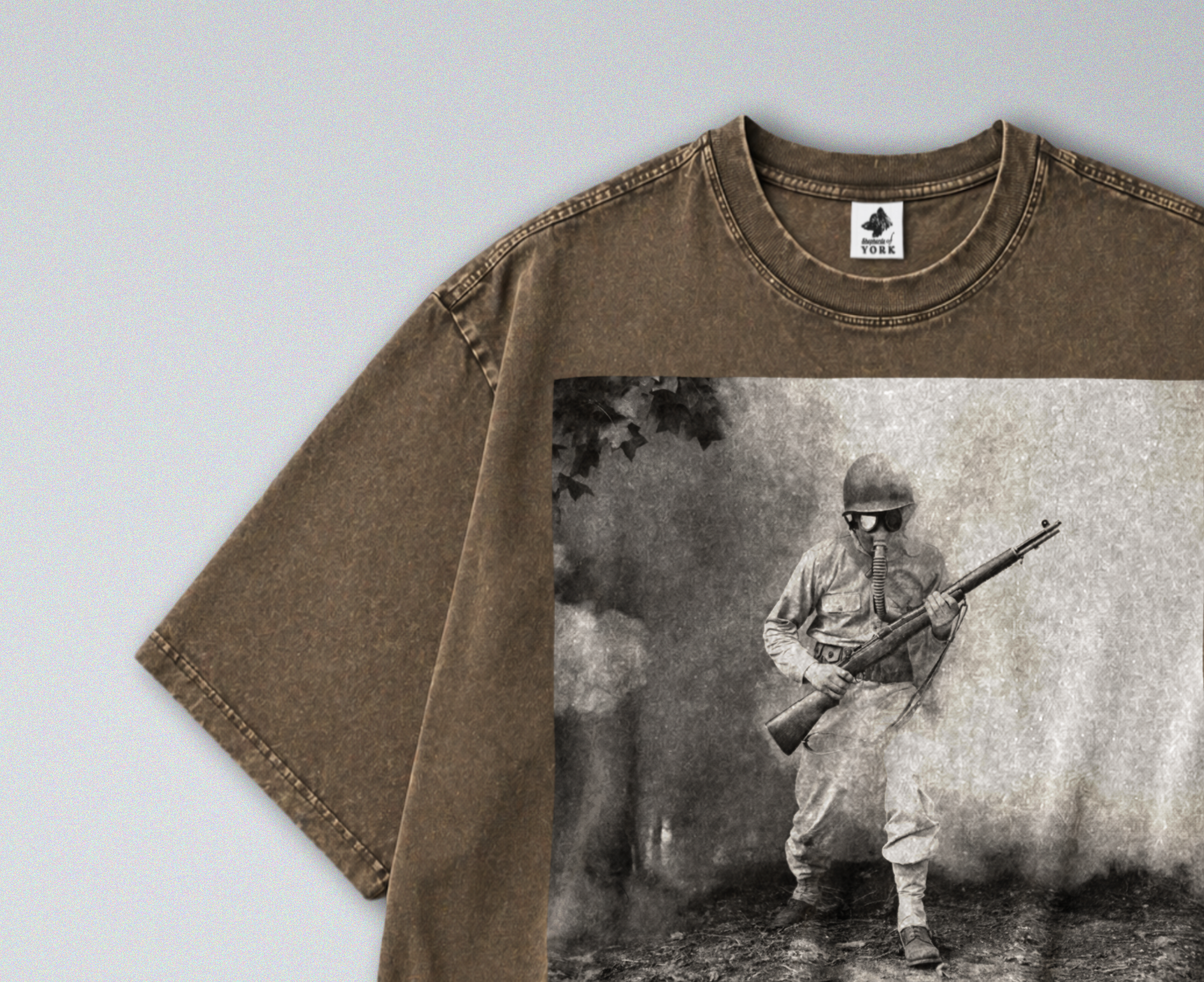 Oversized Snow Washed Cotton Tee - WW2 Soldier in Gasmask Print