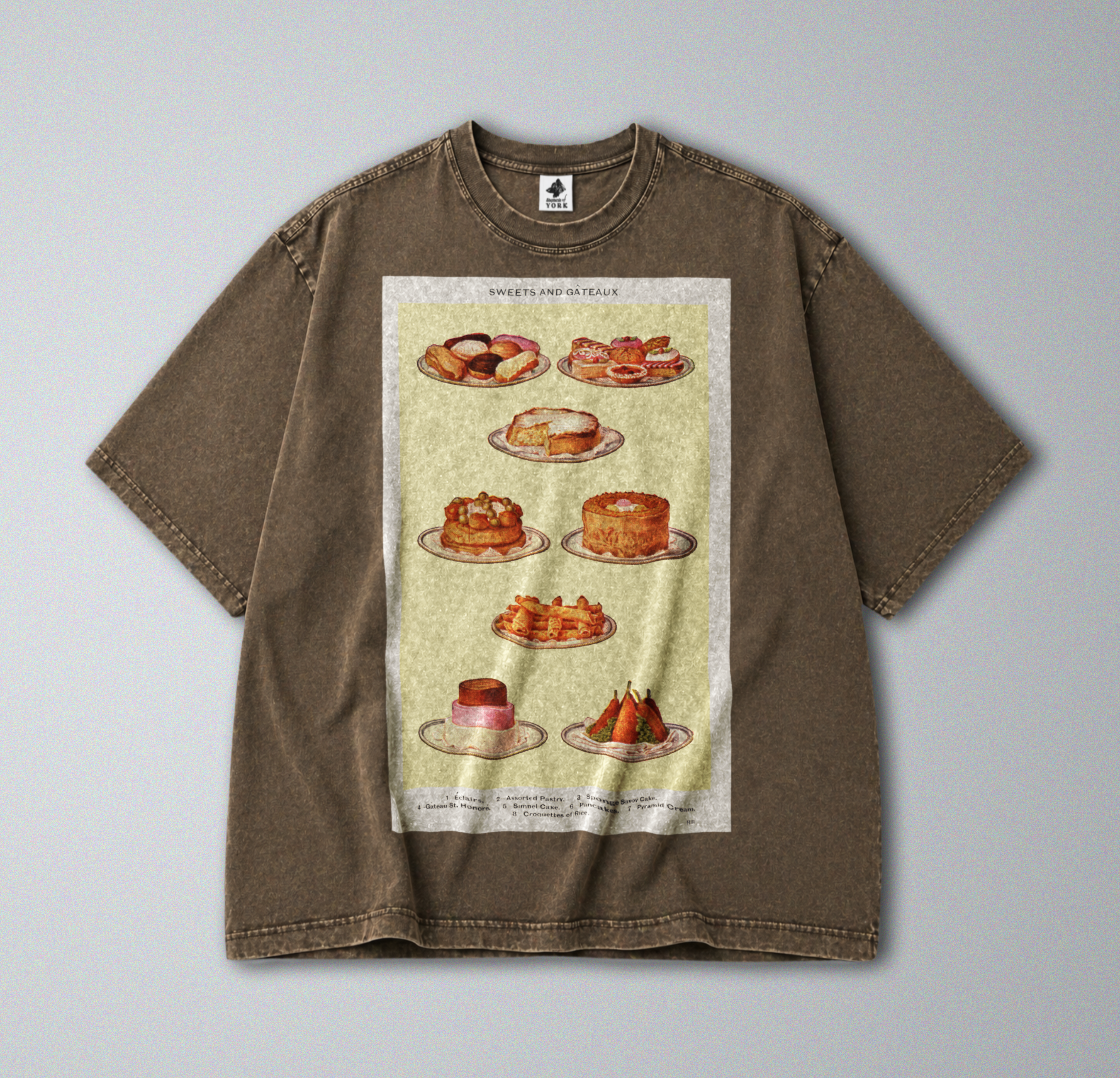 Oversized Snow Washed Cotton Tee - Retro Baking and Cakes Print