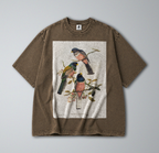 Oversized Snow Washed Cotton Tee - Colorful Perching Birds Print