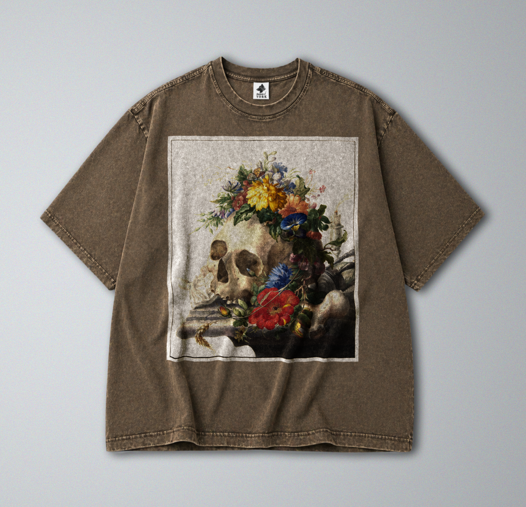 Oversized Snow Washed Cotton Tee - Human Skull with Flowers Print