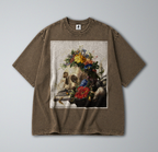 Oversized Snow Washed Cotton Tee - Human Skull with Flowers Print