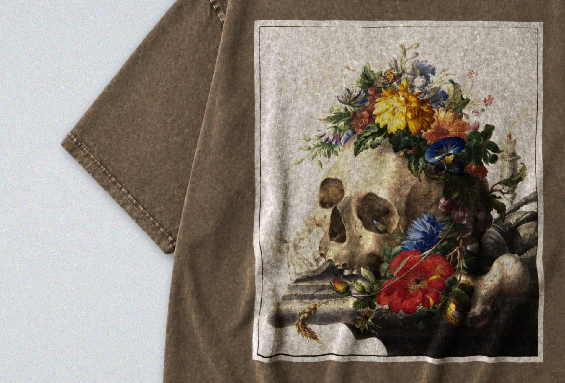 Oversized Snow Washed Cotton Tee - Human Skull with Flowers Print