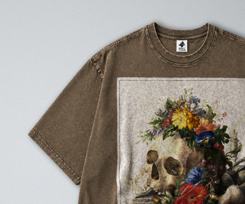 Oversized Snow Washed Cotton Tee - Human Skull with Flowers Print