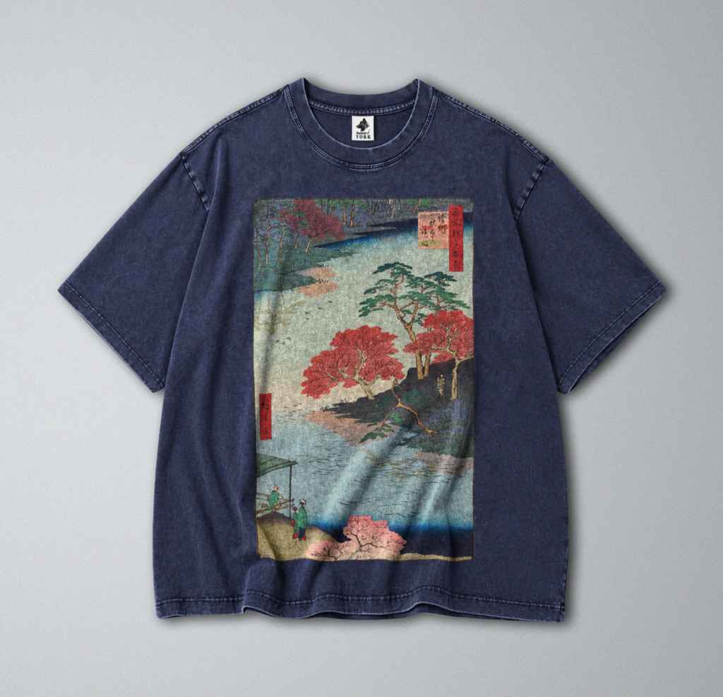 Oversized Snow Washed Cotton Tee - Japanese Flowing River Print