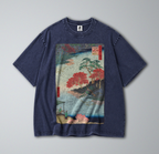 Oversized Snow Washed Cotton Tee - Japanese Flowing River Print