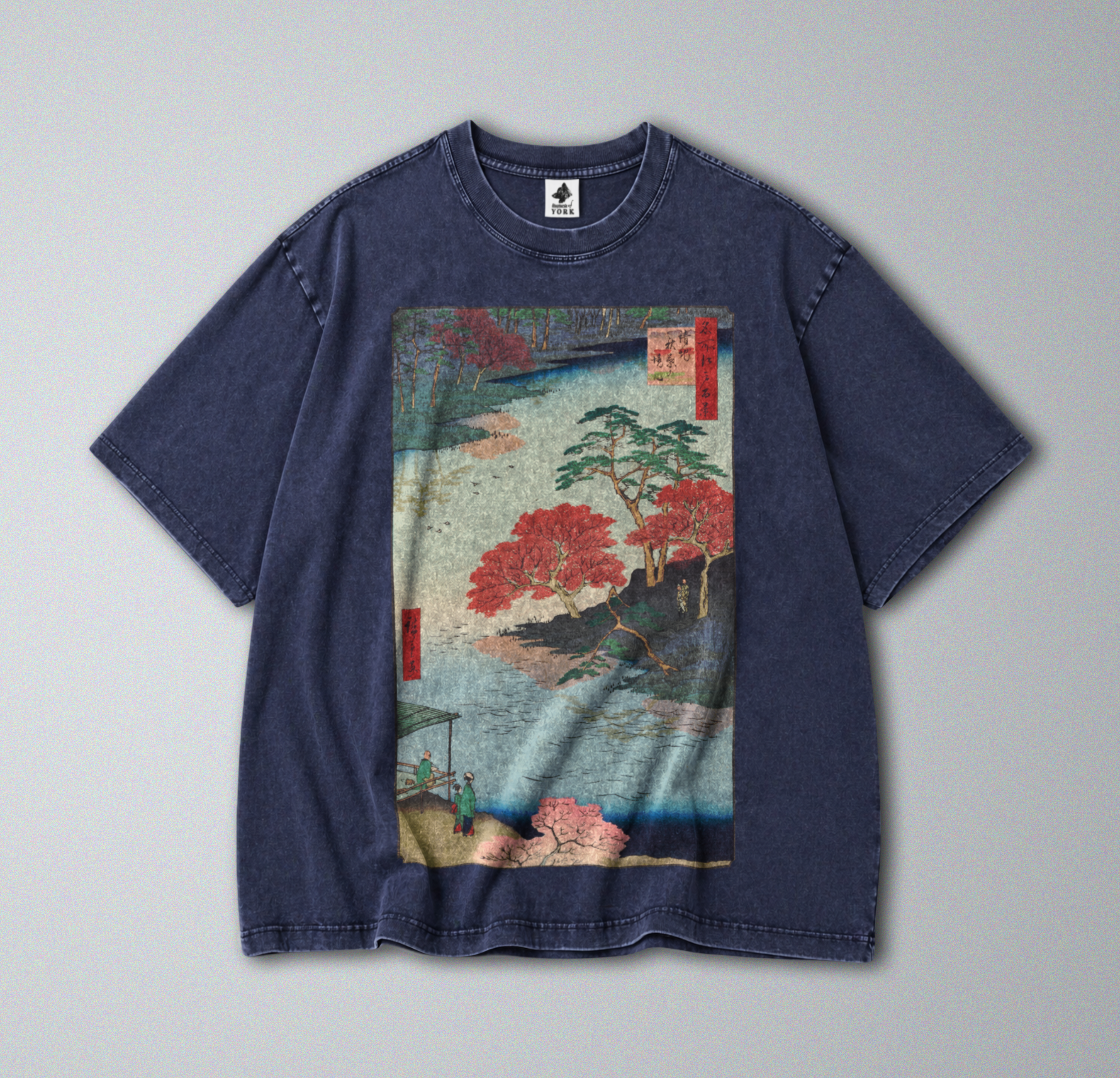 Oversized Snow Washed Cotton Tee - Japanese Flowing River Print