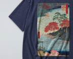 Oversized Snow Washed Cotton Tee - Japanese Flowing River Print