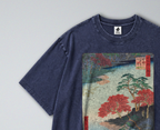 Oversized Snow Washed Cotton Tee - Japanese Flowing River Print