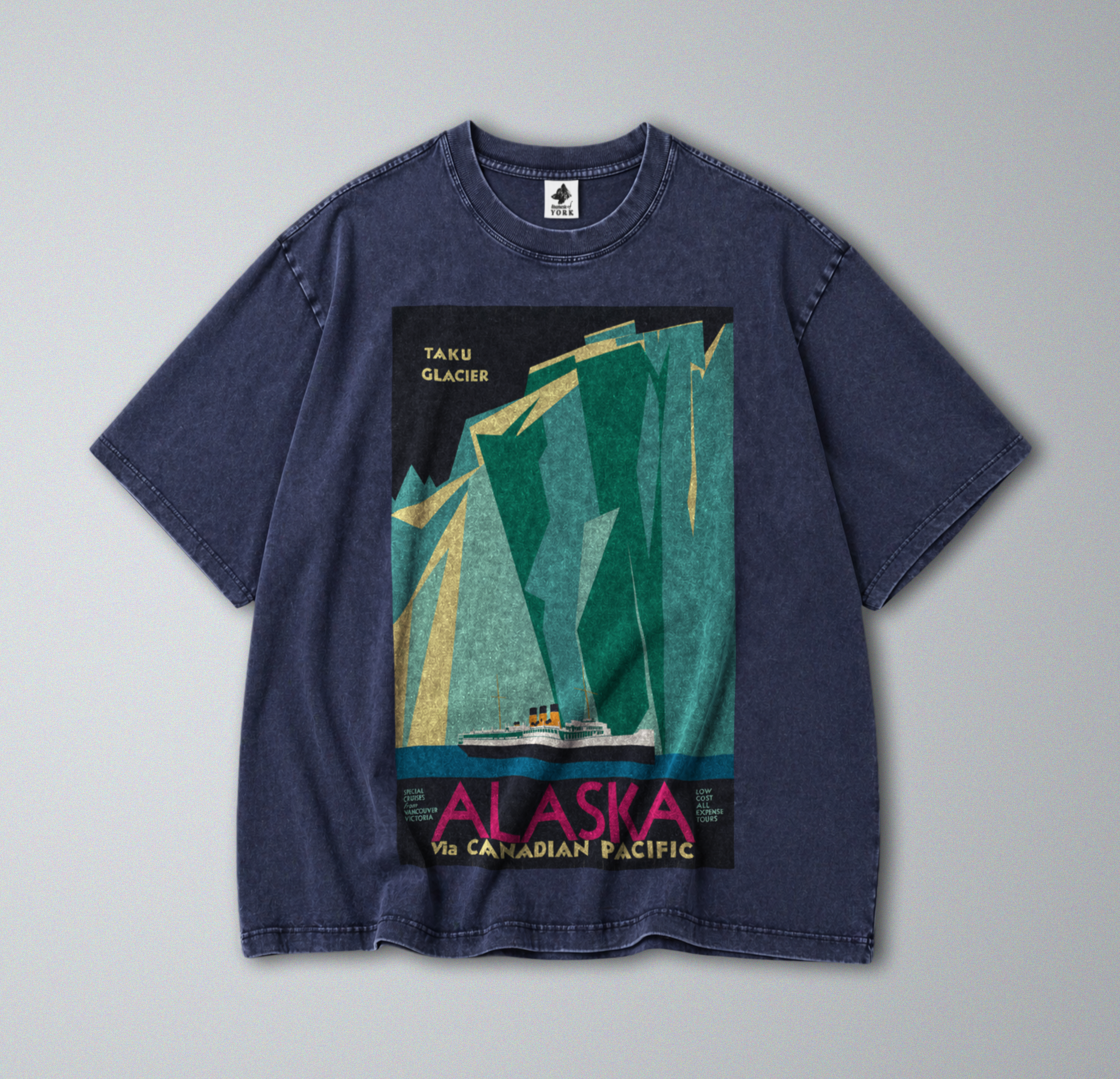 Oversized Snow Washed Cotton Tee - Alaskan Glaciers and Ocean Liner Print