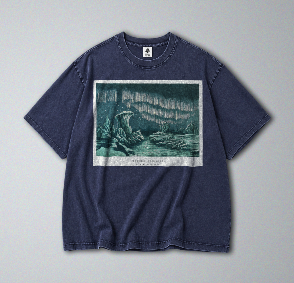 Oversized Snow Washed Cotton Tee - Arctic Aurora Borealis (Northern Lights) Print