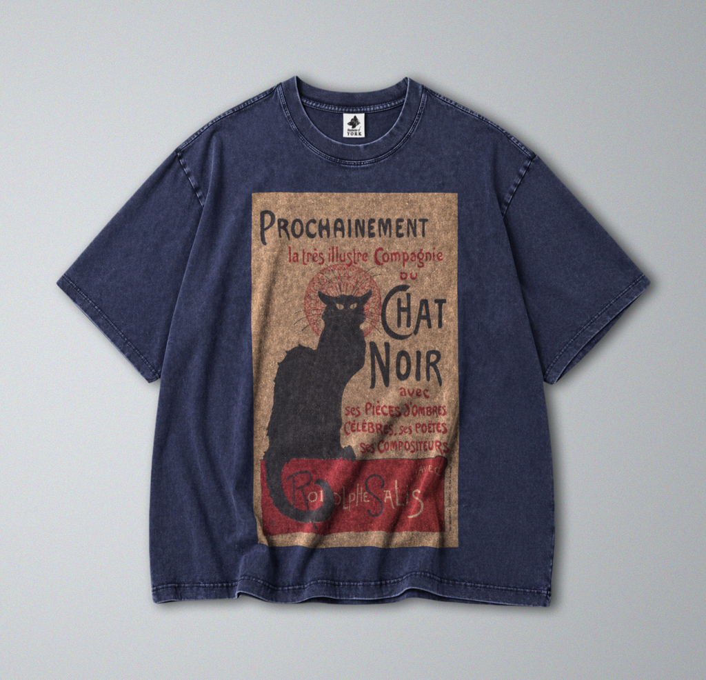 Oversized Snow Washed Cotton Tee - Art Nouveau Chat Noir Print
