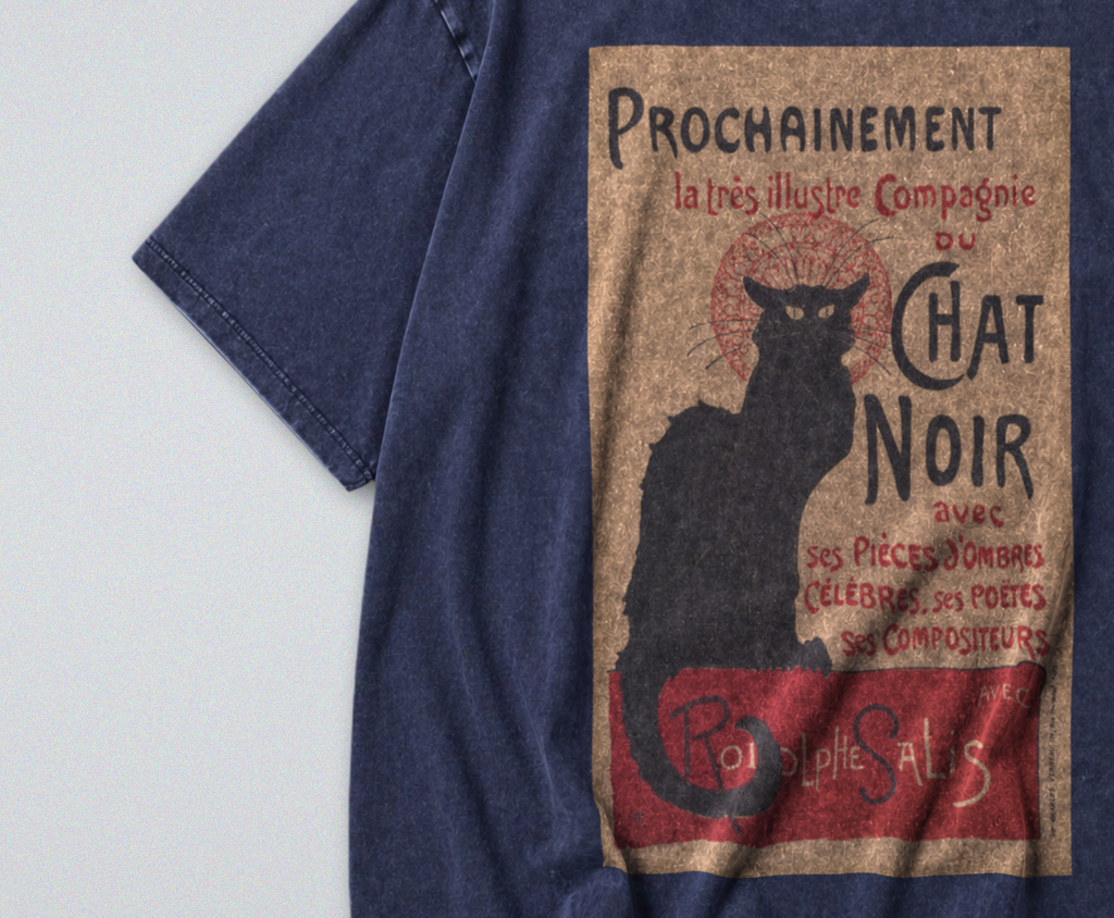 Oversized Snow Washed Cotton Tee - Art Nouveau Chat Noir Print