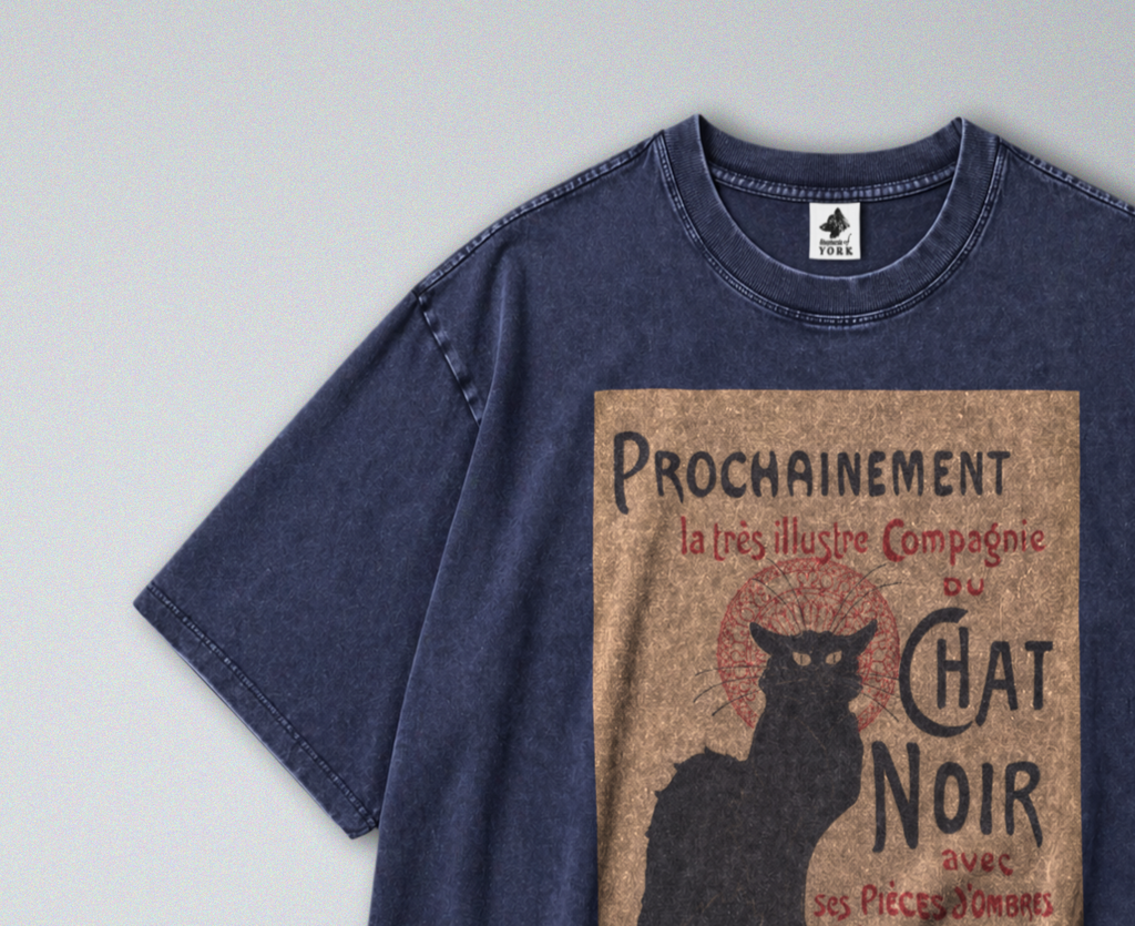 Oversized Snow Washed Cotton Tee - Art Nouveau Chat Noir Print