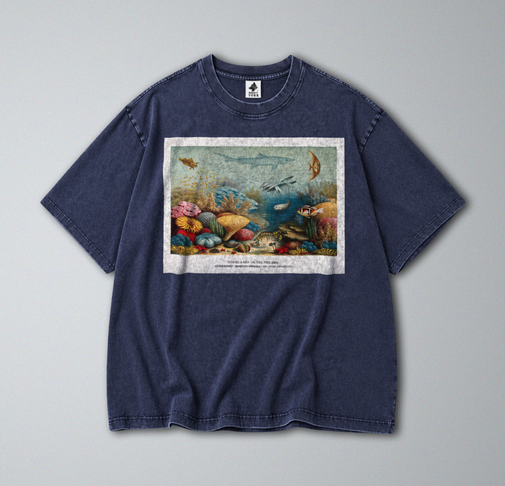 Oversized Snow Washed Cotton Tee - Sea Animals & Coral Reef Print