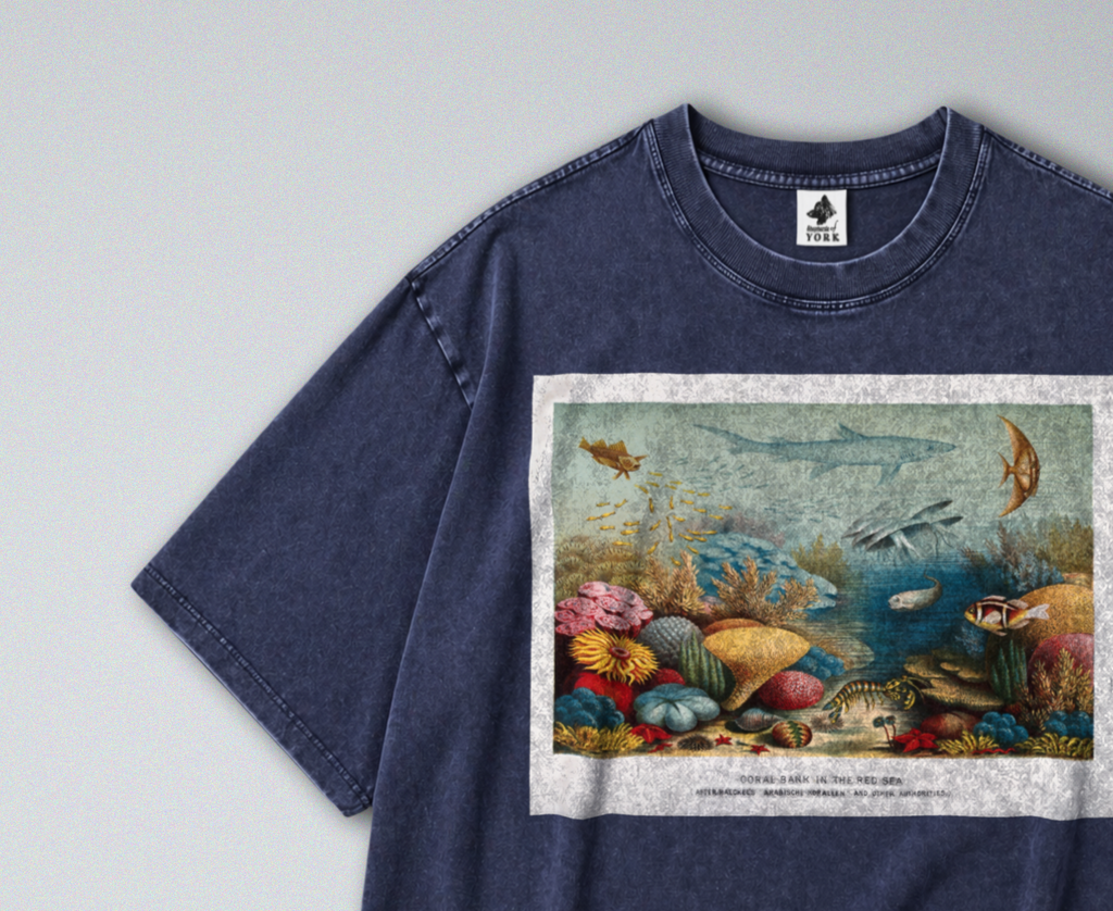 Oversized Snow Washed Cotton Tee - Sea Animals & Coral Reef Print